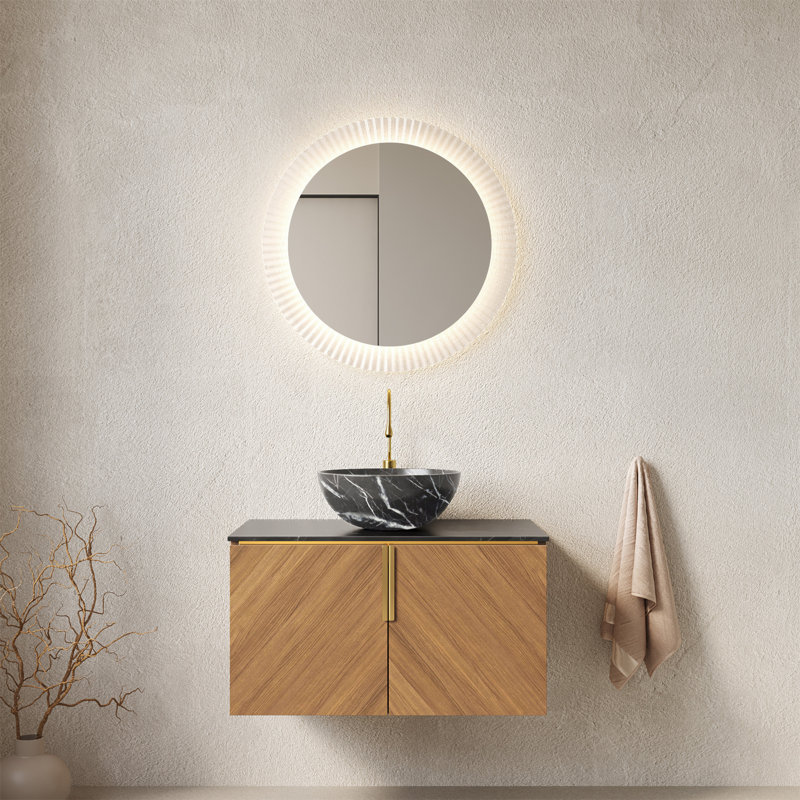 30" Bathroom Vanity & Sink, Floating Plywood Bathroom Storage Cabinet With Double Doors Sintered Stone Countertop & Bowl Ceramic Basin With Stone Pattern