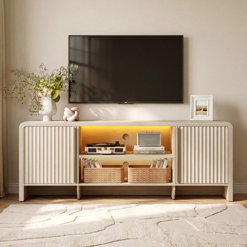 Meuble télé 62 po cannelé jusqu'à 75 po avec lumière DEL tricolore, console de télévision moderne avec tablette ouverte réglable pour le salon