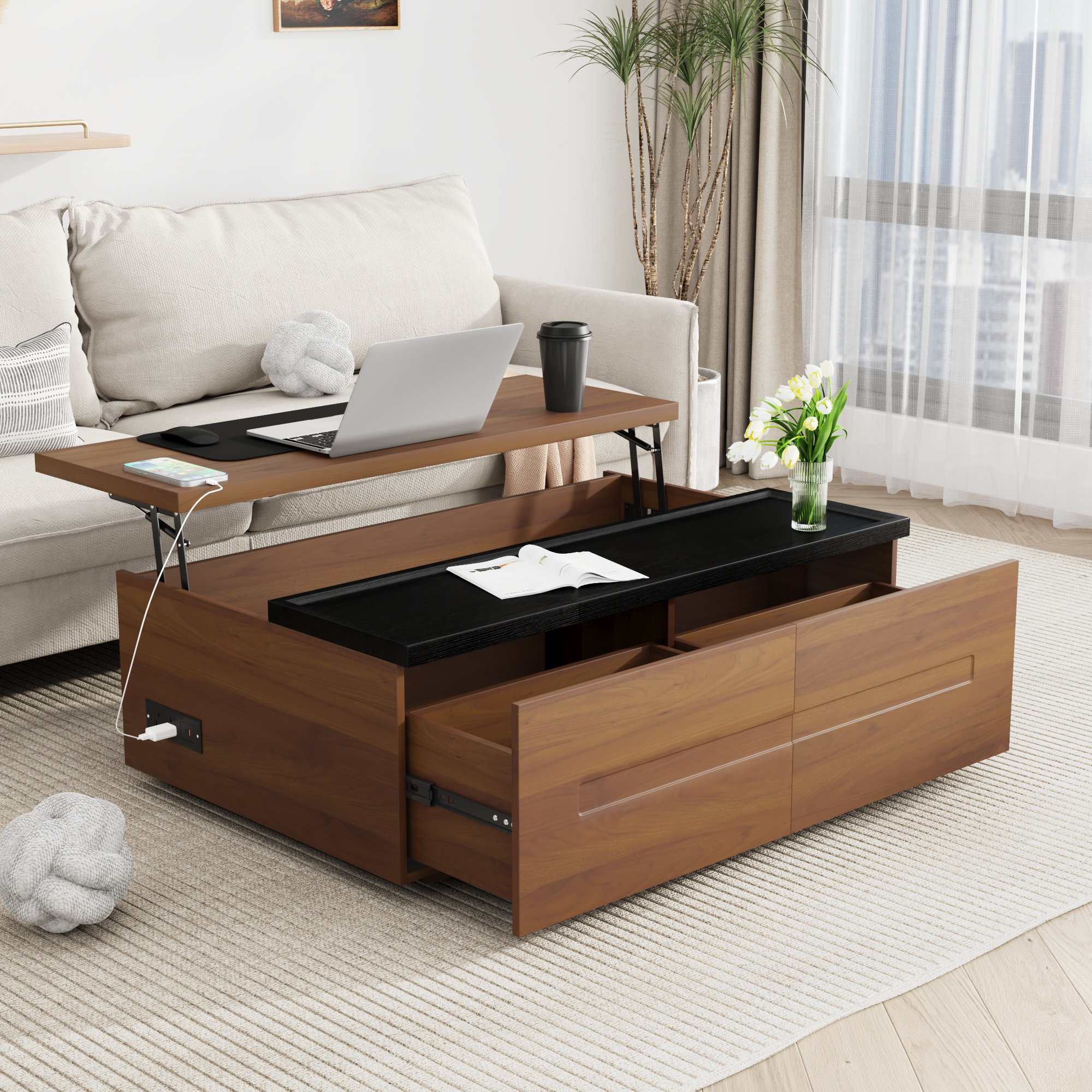 Latitude Run® 47.2" Morden Large Lift Top Coffee Table, Wooden Coffee Table With 2 Drawers & Charging Station,Large Hidden Storage For Living Room | Wayfair