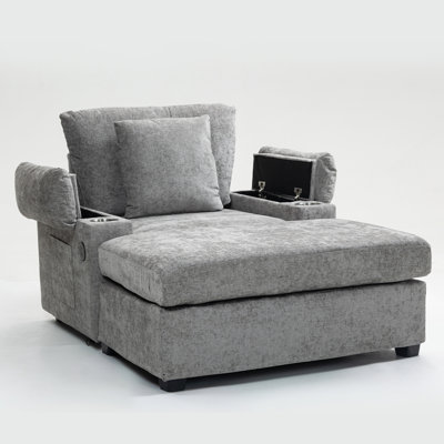 Chenille Oversized Chair With Footstool, Cup Holder And USB Charging Port