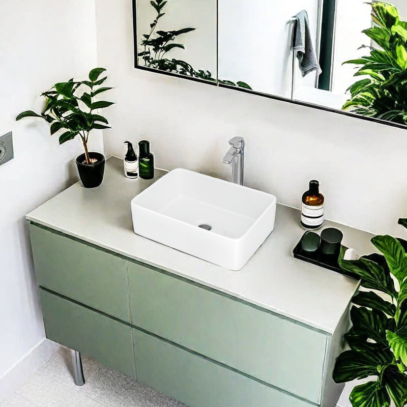 Lavabo de salle de bain rectangulaire en céramique avec robinet APRESSHUI 15 po, Chrome