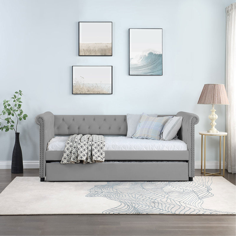 Lit de jour avec canapé-lit capitonné rembourré, avec un magnifique design à accoudoirs ronds, TAILLE DOUBLE