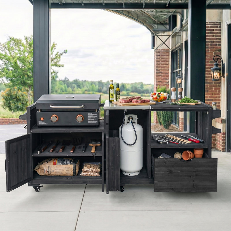 Îlot de cuisine 80 po avec plateau en acier inoxydable, chariot de barbecue en bois de sapin massif avec rangement et tiroir modulaires