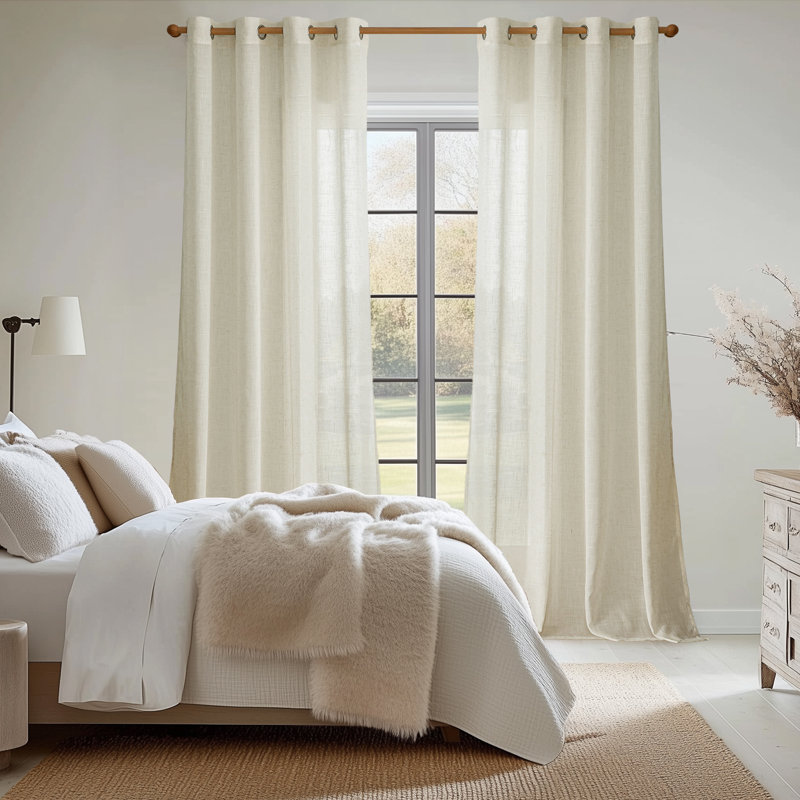 Linen Blend Semi Sheer Grommet / Eyelet Curtain Panel Pair, 229cm Width x 183cm Drop