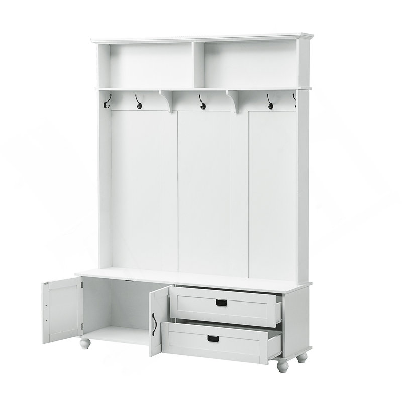 Arbre d'entrée avec armoire de rangement, 2 grands tiroirs et 5 crochets pour vestibules organisés, Blanc