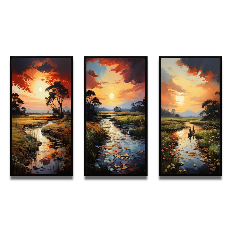 «Vietnam River Delta Sunset», 3 pièces sur toile, Cadre noir, H 40 po x l 60 po
