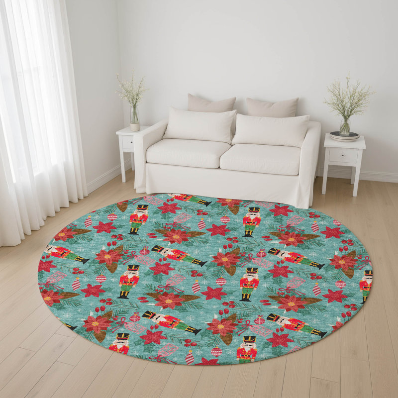 Premium Machine Washable Dockside AMF1822 Nutcracker and Poinsettia Rug, Round 8'
