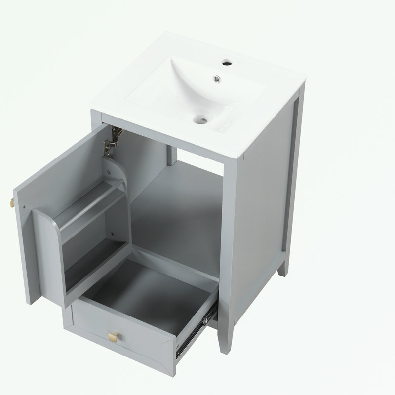Meuble-lavabo de salle de bain avec lavabo, porte à fermeture douce, support de rangement et tiroir, Gris