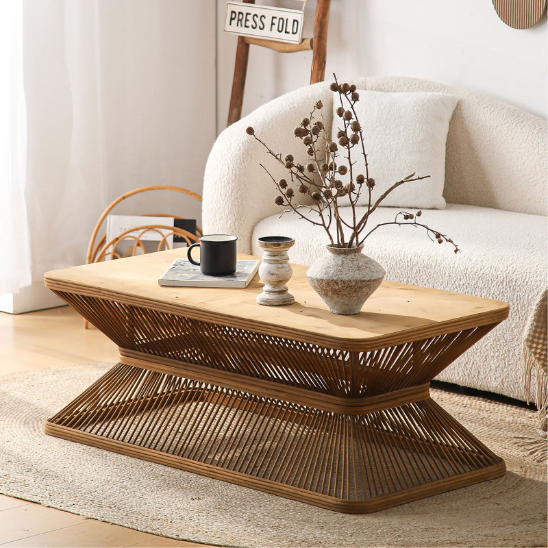 Mid-Century Modern Coffee Table, 43.3" Rectangular Wood Accent Table With Woven Bamboo Base – Rustic Boho Low Profile Cocktail Table For Living Room