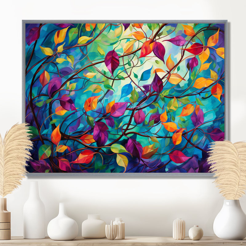 Multicolor Vibrant Vines I - Abstract Botanicals, art mural, H 12 po x l 20 po x P 1 po, Encadrement argenté