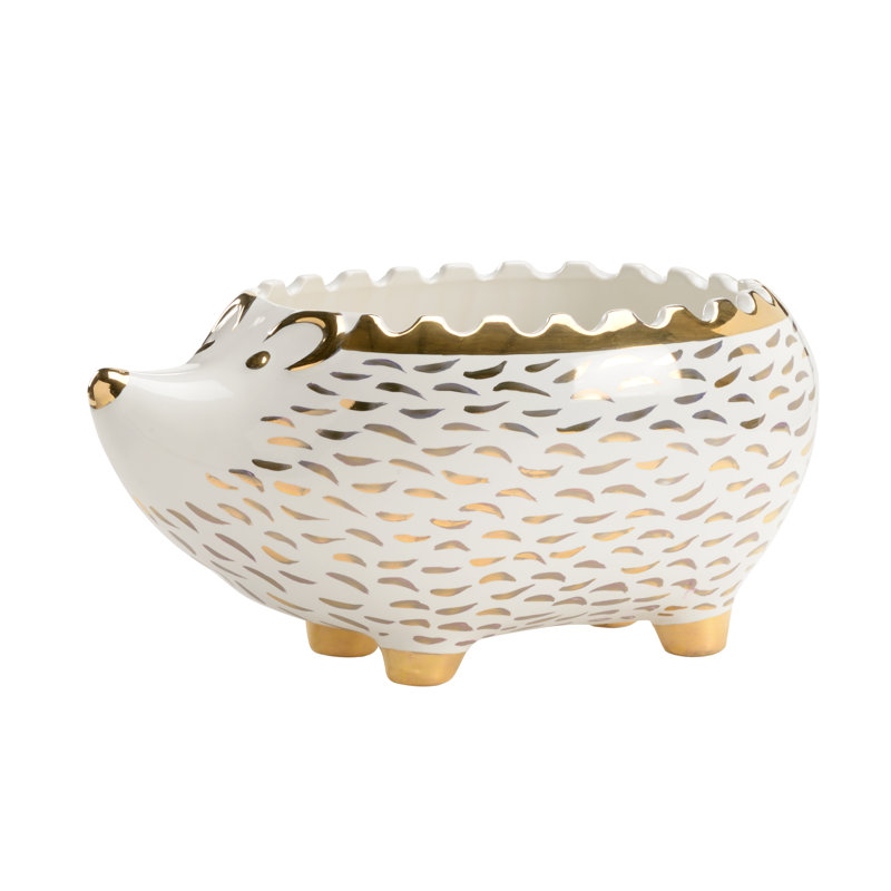 Hedgehog Ceramic Planter, White/Gold