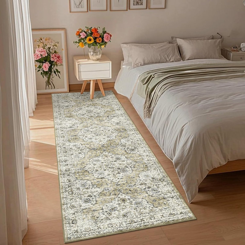 2X6 Yellow Brown Vintage Floral Runner Rug, Low Pile Non-Slip Washable Carpet For Hallway, Kitchen & Entryway, Soft Printed Mat