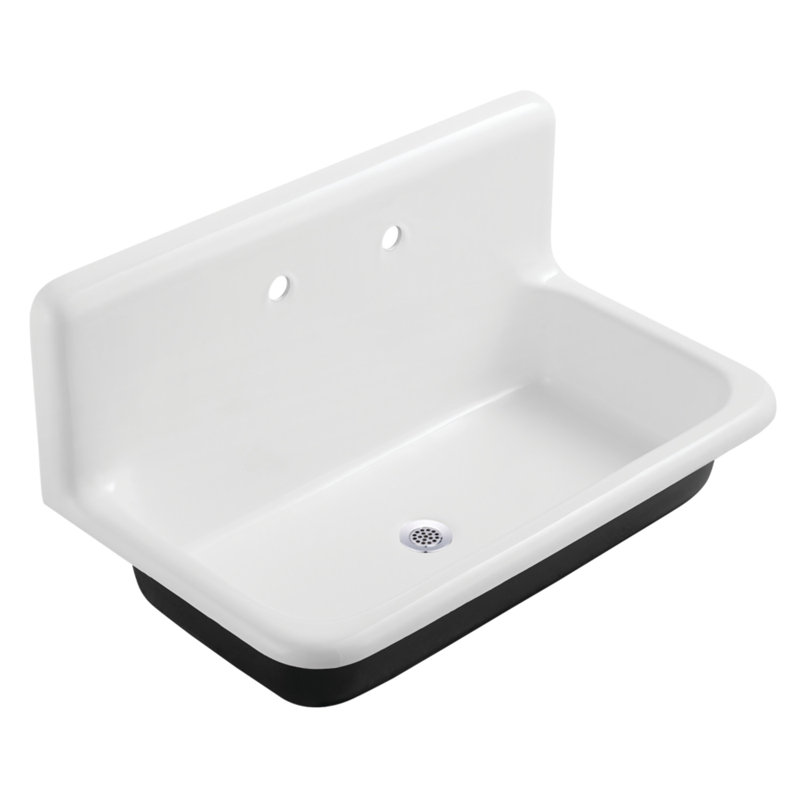 Kingston Petra Galley 36-Inch Cast Iron Single Bowl Wall Mount Utility Sink With Drain, Polished Chrome/White