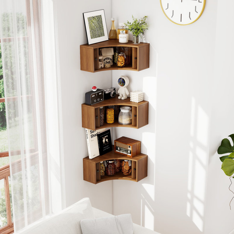 Armoire murale d'angle à 3 tablettes d'angle avec portes coulissantes