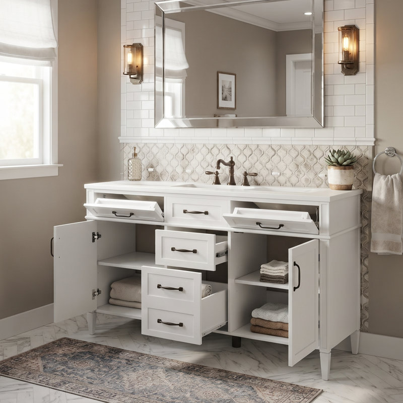 Ensemble de meuble-lavabo autoportant moderne 48 po avec 4 tiroirs, tablettes réglables et lavabo en composite (blanc / noir)
