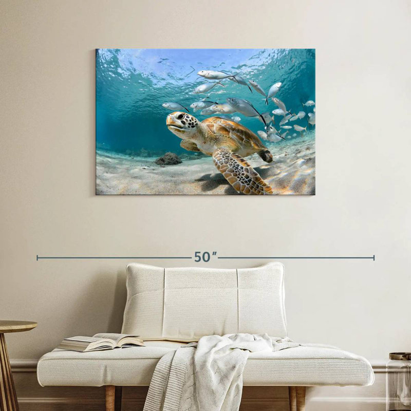 Banc de poissons et tortue, H 26 po x l 39 po