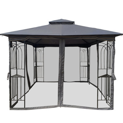 10X10 Gazebo With Water- Top And Four Net - Gray Outdoor Weather- Fabric Double Tiered Roof