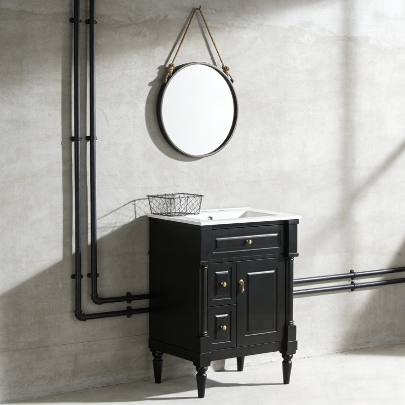 Meuble-lavabo avec lavabo, 2 tiroirs et tablettes de porte, Noir, 24'