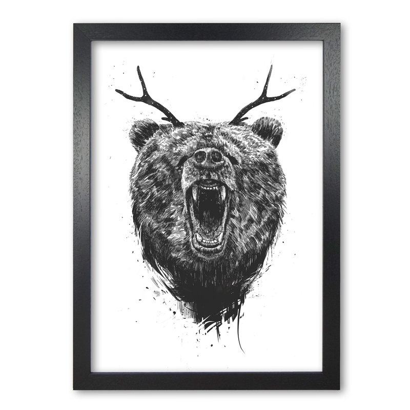 Angry Bear With Antlers by Mercedes Lopes Charro - Print, 84 cm H x 59.4 cm W x 5 cm D, Black Grain