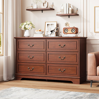 6 Drawer Dresser for Bedroom - 47" Wide Double Chest of Drawers, Vintage Drawers Organizer for Living Room, Hallway, Entryway,  Walnut