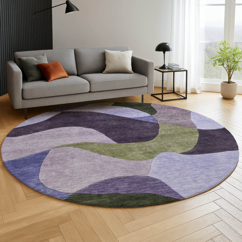 Premium Machine Washable Mayfield AMF2141 abstract Rug, 8' Round, Purple
