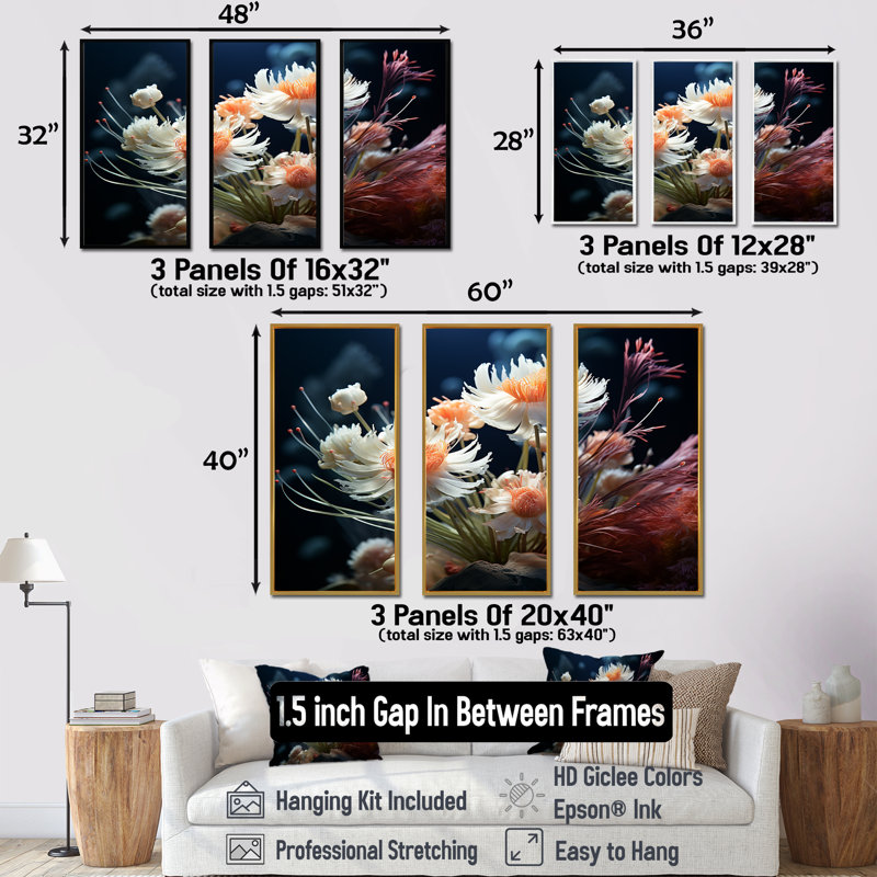 Ensemble de salon Vibrant White Flower Delights - Flowers, Cadre flottant doré, H 32 po x l 48 po x P 1 po