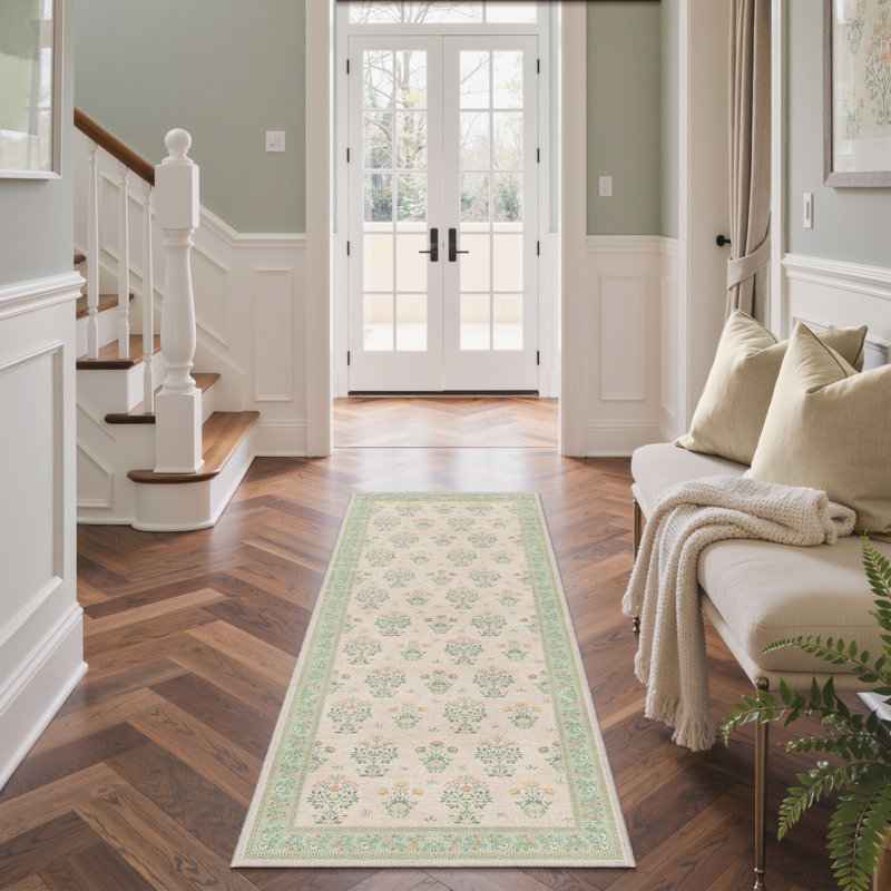 Oriental Vintage Flower Machine Washable Non-Slip Green Indoor Area Rug, Rectangle 3' x 5', Green