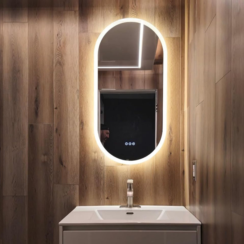 Kuron Oval Lighted Metal Framed Wall Mounted Bathroom / Vanity Mirror in Aluminum Alloy, 100cm H x 50cm W