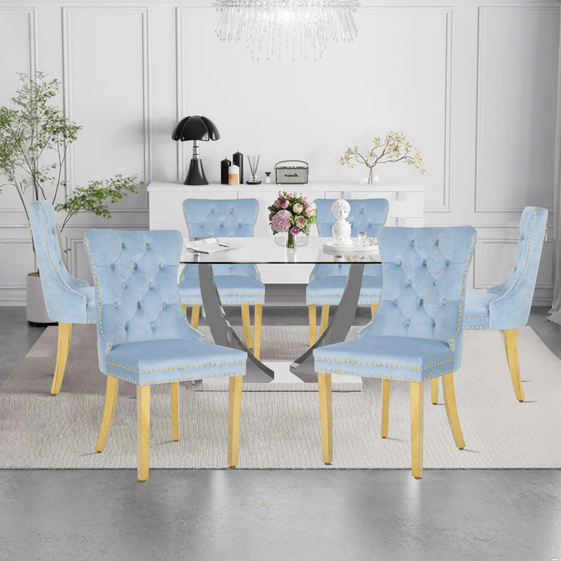 Chaises de salle à manger rembourrées avec dossier capitonné avec pieds en acier inoxydable, 6, Doré, Bleu