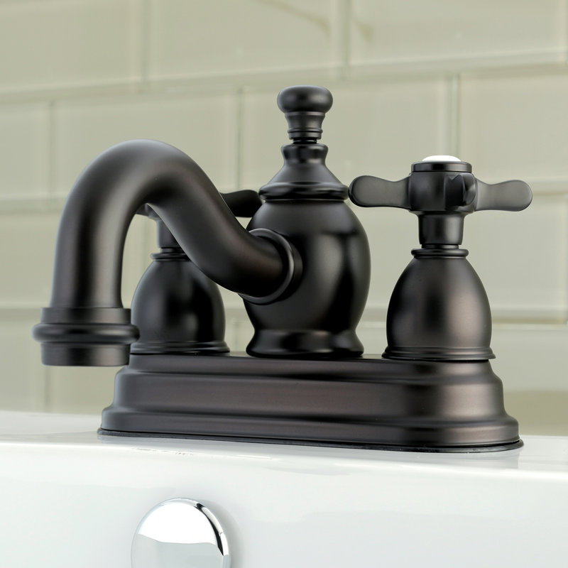 Kingston Brass Essex Two-Handle 3-Hole Deck Mount 4" Centerset Bathroom Faucet with Brass Pop-Up, Oil Rubbed Bronze