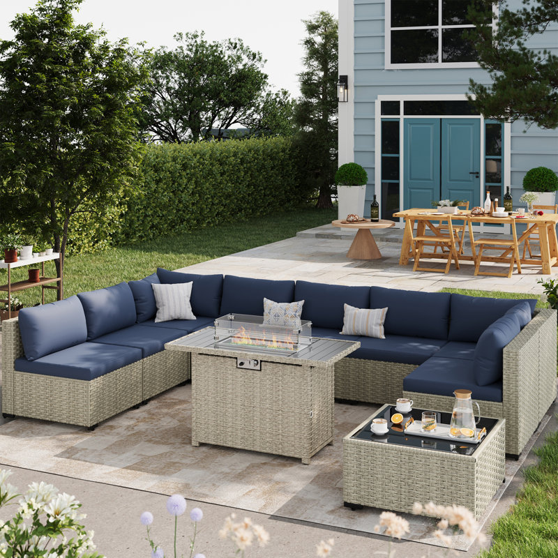 9 Pieces Design-Oriented Rattan Patio Conversation Sets With Fire Pit, Navy