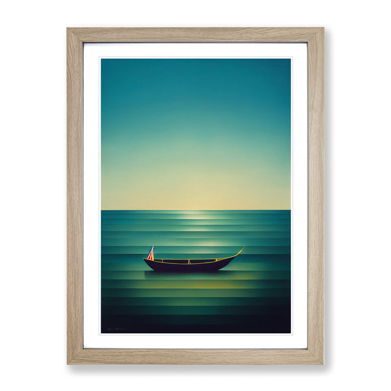 Boat On A Striped Ocean - Print, 66cm H x 48cm W x 2cm D, Oak Framed, White