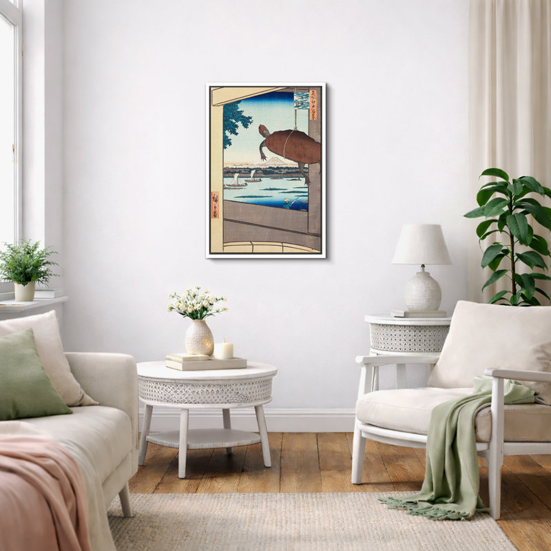 Tortue surplombant la rivière et le mont Fuji, paysage japonais, images Ukiyo-e, H 24 po x l 16 po x P 1,5 po