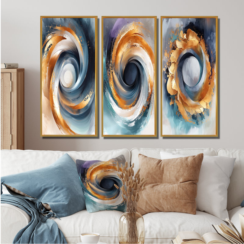 Vortex fractal I - Collection de 3 grands panneaux muraux modernes, H 28 po x l 36 po, Doré