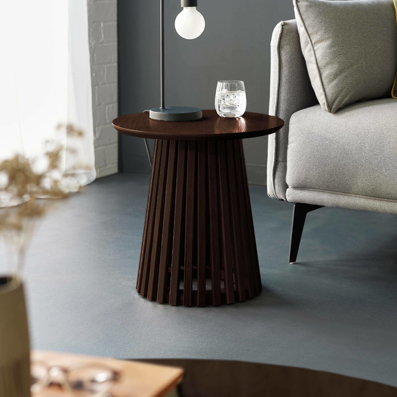 Dejania Pedestal End Table, Dark Brown Wood