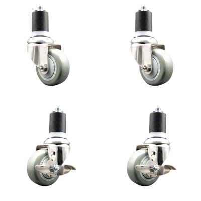 3.5 Inch 316SS Orange Poly Swivel 1-7/8 Inch Expanding Stem Caster Set 2 Brake