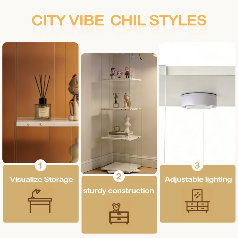 Rotatable Four-Layer Tempered Glass Display Cabinet,Liquor Cabinet,File Cabinet,Storage Cabinet,With Remote Control Paipai Lamp,Adjustable Feet,Be Placed In The Living Room,Kitchen,Corridor