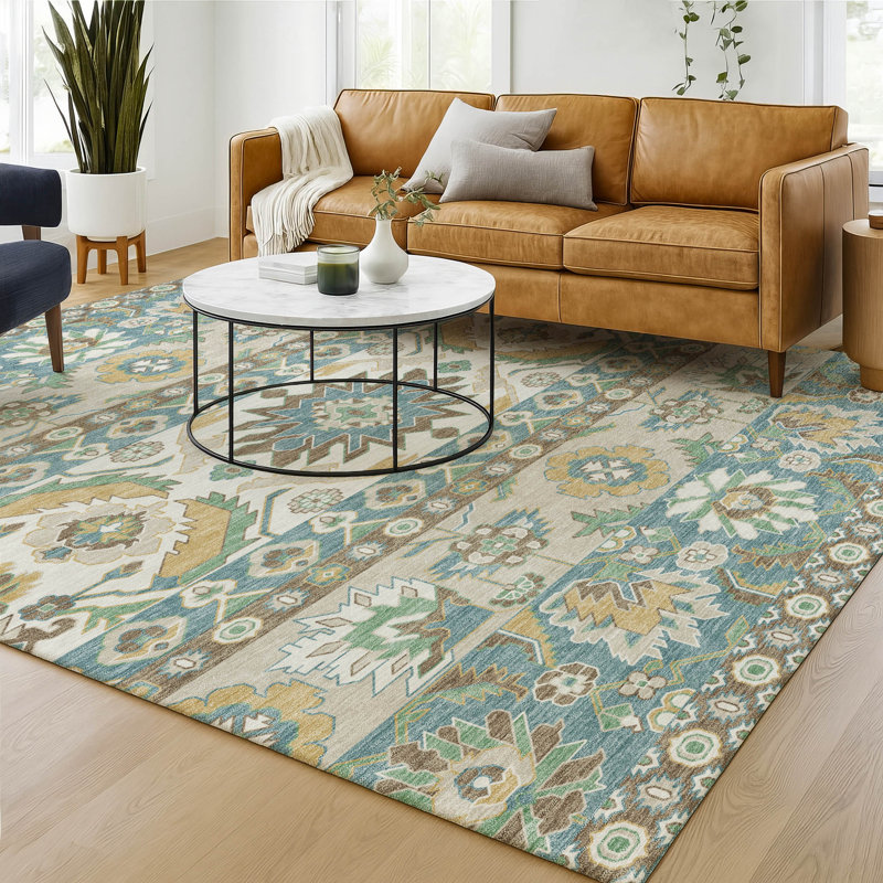 Tapis traditionnel lavable à la machine intérieur / extérieur ACN2583, Sarcelle, 10 pi x 14 pi