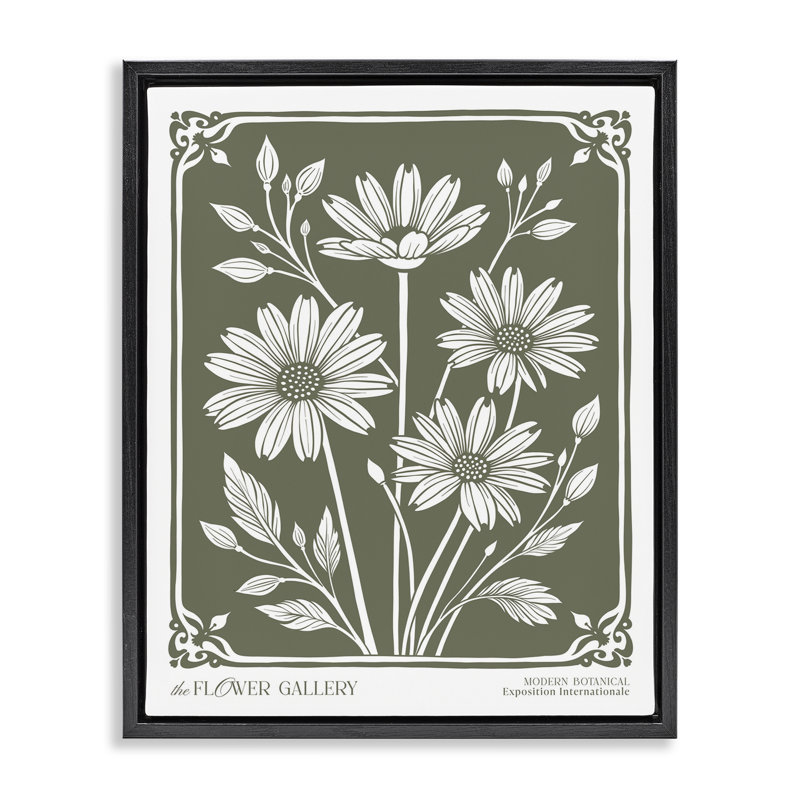 «Minimal Daisies on Green», art mural encadré sur toile flottante, H 21 po x l 17 po, Cadre flottant noir de jais