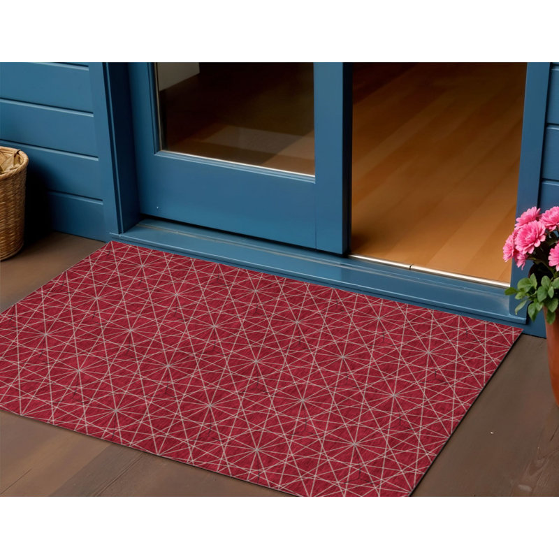 3' X 5' Red Black And Ivory Geometric Washable Indoor Outdoor Area Rug