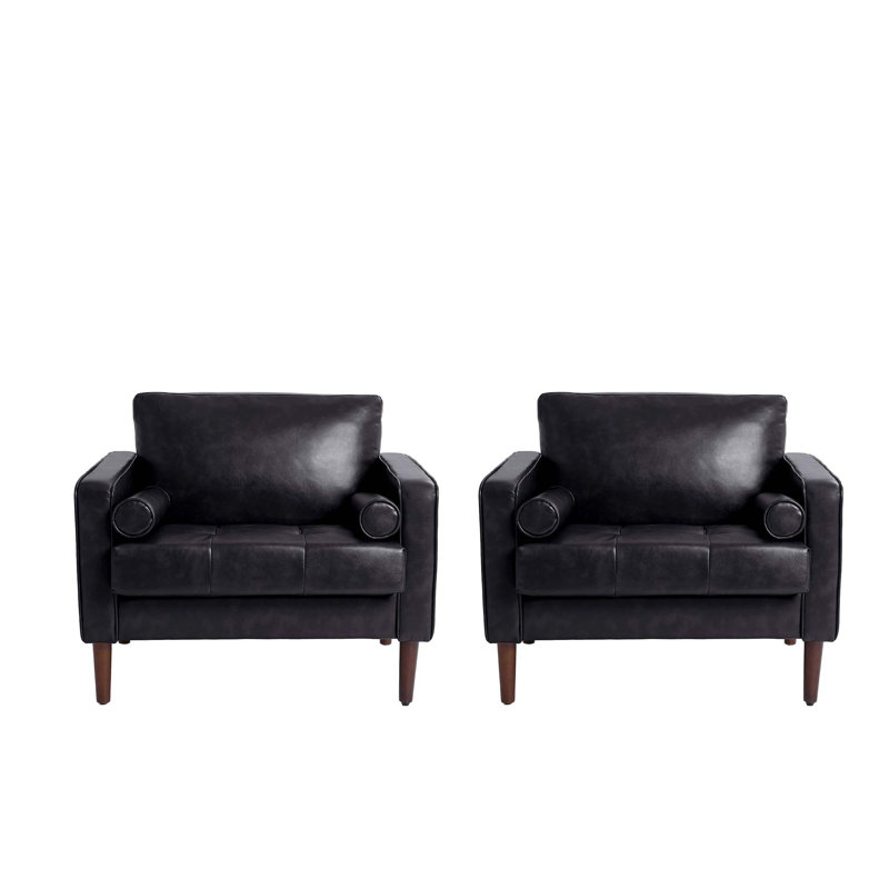Fauteuil club capitonné à accoudoirs carrés en similicuir avec 2 coussins, Black