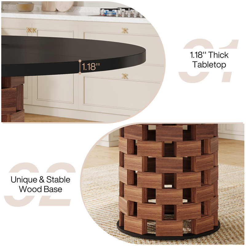 47-Inch Round Farmhouse Circle Kitchen Dining Room Table for 4-6 People Wood Rectangular Block Base