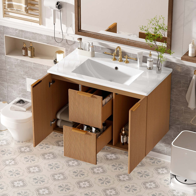 Meuble-lavabo mural moderne avec portes à fermeture en douceur et tiroirs de rangement en forme de U