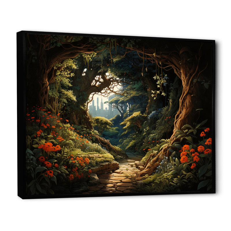 «Brown Green Enchanted Forest Pathway», reproduction sur toile, 12" H x 20" W, Cadre flottant noir
