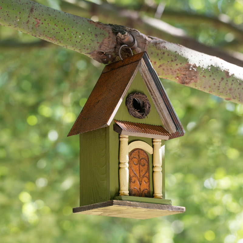 11.25"H Vintage Green Distressed Solid Wood Decorative Birdhouse