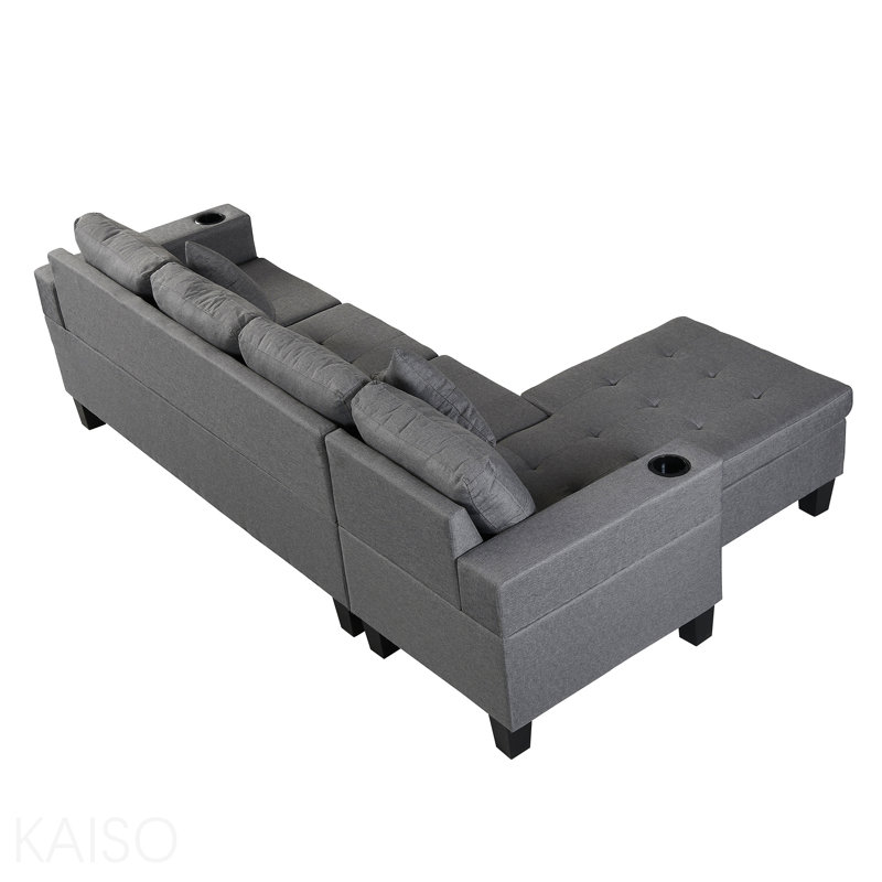 Ensemble de canapé modulaire pour salon avec méridienne en L, porte-gobelet et méridienne moderne à gauche ou à droite (gris lin)