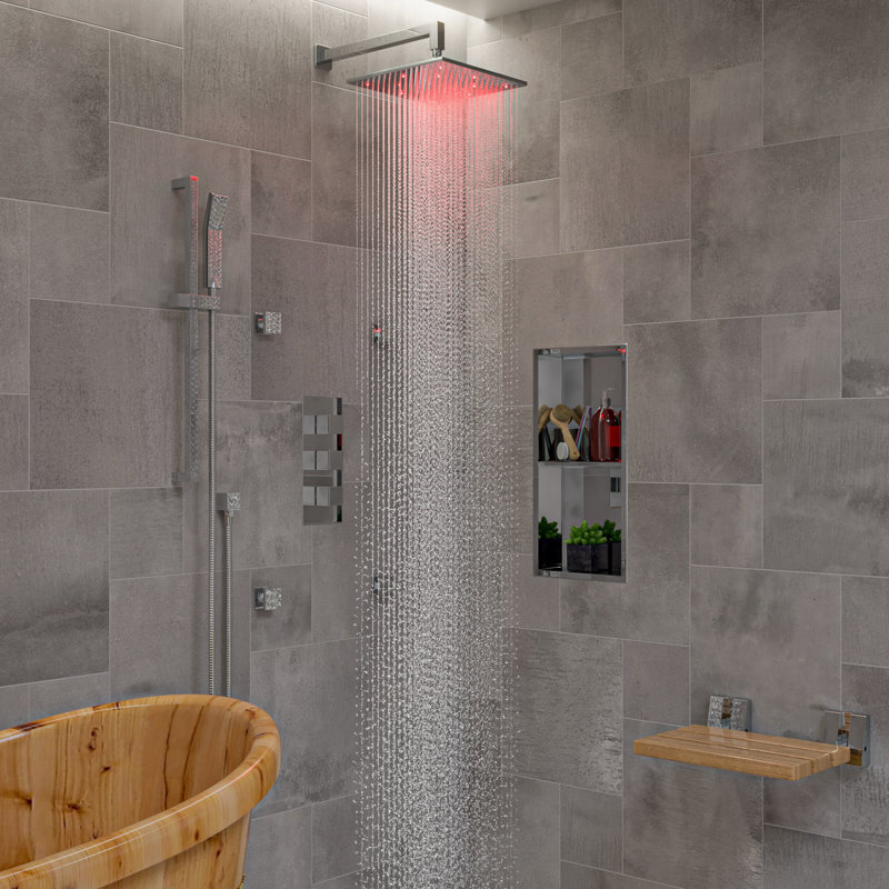 Robinet de douche thermostatique à 4 voies avec poignée carrée dissimulé, Chrome poli