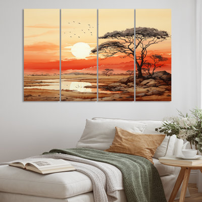 Ensemble de 4 décorations murales paysage africain jaune orange