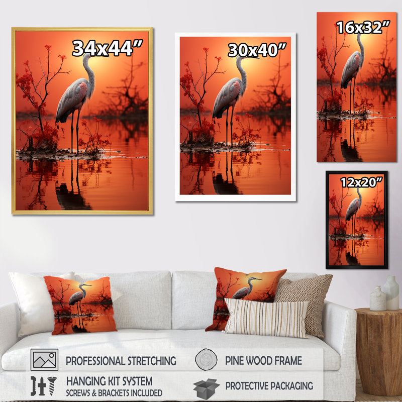 Flamant blanc élégant sur toile, H 44 po x l 34 po x P 1,5 po, Cadre flottant blanc