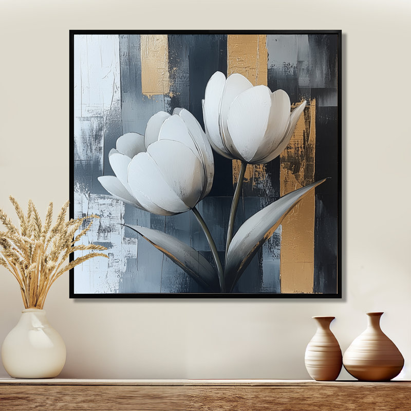 Motif géométrique de tulipes dorées, forme pure I - tulipes, art mural, Impression encadrée flottante, Noir, noir, noir, noir